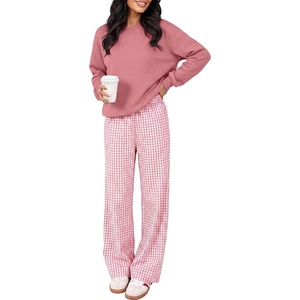 image:imageANRABESS Two Piece Sets for Women Gingham Pants Lounge Set  Long Sleeve Sweatshirts Wide Leg Pants Fall Outfits Travel Vacation Airport Fashion Clothing 2026 Daily Matching SweatsuitsPink