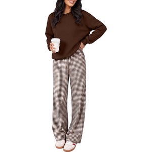image:imageANRABESS Two Piece Sets for Women Gingham Pants Lounge Set  Long Sleeve Sweatshirts Wide Leg Pants Fall Outfits Travel Vacation Airport Fashion Clothing 2026 Daily Matching SweatsuitsBrown
