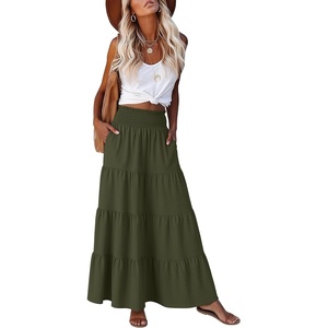 image:imageANRABESS Womens Maxi Skirts Elastic High Waist ALine Tiered Long Flowy Boho Skirts Summer Casual Beach amp Vacation WearArmy Green