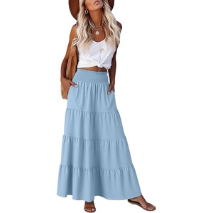 image:imageANRABESS Womens Maxi Skirts Elastic High Waist ALine Tiered Long Flowy Boho Skirts Summer Casual Beach amp Vacation WearBright Blue
