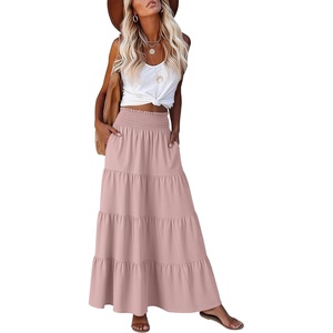 image:imageANRABESS Womens Maxi Skirts Elastic High Waist ALine Tiered Long Flowy Boho Skirts Summer Casual Beach amp Vacation WearBright Pink