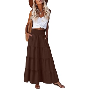 image:imageANRABESS Womens Maxi Skirts Elastic High Waist ALine Tiered Long Flowy Boho Skirts Summer Casual Beach amp Vacation WearCoffee