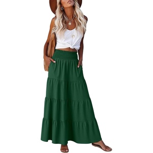 image:imageANRABESS Womens Maxi Skirts Elastic High Waist ALine Tiered Long Flowy Boho Skirts Summer Casual Beach amp Vacation WearForest Green