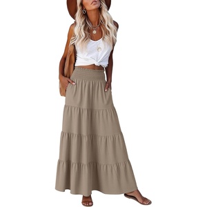 image:imageANRABESS Womens Maxi Skirts Elastic High Waist ALine Tiered Long Flowy Boho Skirts Summer Casual Beach amp Vacation WearLight Camel