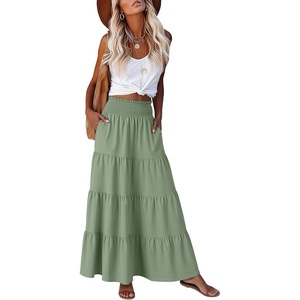 image:imageANRABESS Womens Maxi Skirts Elastic High Waist ALine Tiered Long Flowy Boho Skirts Summer Casual Beach amp Vacation WearLight Green