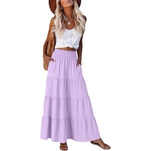 image:imageANRABESS Womens Maxi Skirts Elastic High Waist ALine Tiered Long Flowy Boho Skirts Summer Casual Beach amp Vacation WearLight Purple