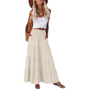 image:imageANRABESS Womens Maxi Skirts Elastic High Waist ALine Tiered Long Flowy Boho Skirts Summer Casual Beach amp Vacation WearLight Yellow