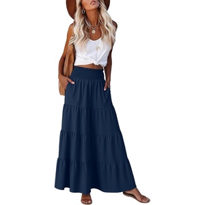 image:imageANRABESS Womens Maxi Skirts Elastic High Waist ALine Tiered Long Flowy Boho Skirts Summer Casual Beach amp Vacation WearNavy Blue