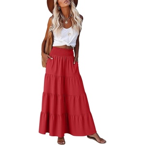 image:imageANRABESS Womens Maxi Skirts Elastic High Waist ALine Tiered Long Flowy Boho Skirts Summer Casual Beach amp Vacation WearRed
