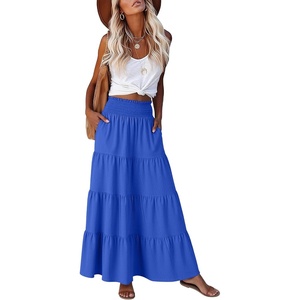 image:imageANRABESS Womens Maxi Skirts Elastic High Waist ALine Tiered Long Flowy Boho Skirts Summer Casual Beach amp Vacation WearRoyal Blue