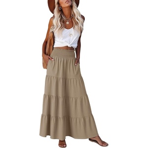image:imageANRABESS Womens Maxi Skirts Elastic High Waist ALine Tiered Long Flowy Boho Skirts Summer Casual Beach amp Vacation WearYellow Khaki