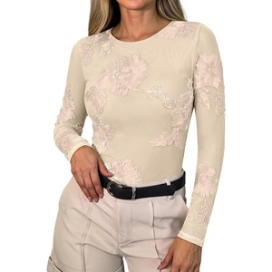 image:imageANRABESS Women Long Sleeve Floral Mesh Slim Fit Going Out Tops  Crewneck Dressy Casual ShirtSoft LightweightTextured Pattern Party Club Work Outfits 2026 Fall Spring Transition ClothesBeige