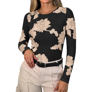 image:imageANRABESS Women Long Sleeve Floral Mesh Slim Fit Going Out Tops  Crewneck Dressy Casual ShirtSoft LightweightTextured Pattern Party Club Work Outfits 2026 Fall Spring Transition ClothesChampagne