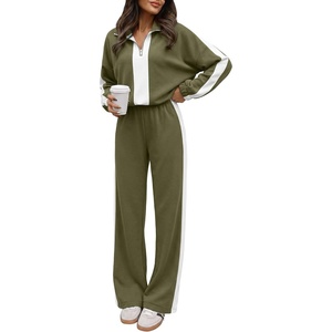 image:imageANRABESS Womens 2 Piece Lounge Set Color Block Tracksuit Sweatsuit  Half Zip Collared Sweatshirt Wide Leg Sweatpants Airport Travel Outfit Comfy Workout Matching Sets Fall Winter ClothingArmy White