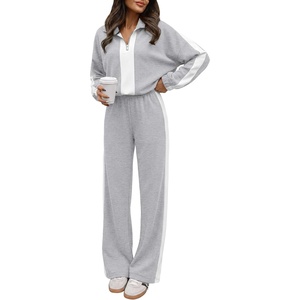 image:imageANRABESS Womens 2 Piece Lounge Set Color Block Tracksuit Sweatsuit  Half Zip Collared Sweatshirt Wide Leg Sweatpants Airport Travel Outfit Comfy Workout Matching Sets Fall Winter ClothingGrey White