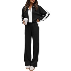 image:imageANRABESS Womens 2 Piece Lounge Set Color Block Tracksuit Sweatsuit  Half Zip Collared Sweatshirt Wide Leg Sweatpants Airport Travel Outfit Comfy Workout Matching Sets Fall Winter ClothingBlack White