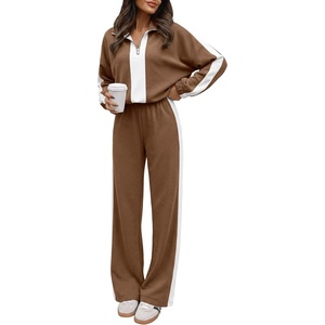 image:imageANRABESS Womens 2 Piece Lounge Set Color Block Tracksuit Sweatsuit  Half Zip Collared Sweatshirt Wide Leg Sweatpants Airport Travel Outfit Comfy Workout Matching Sets Fall Winter ClothingBrown White