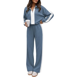 image:imageANRABESS Womens 2 Piece Lounge Set Color Block Tracksuit Sweatsuit  Half Zip Collared Sweatshirt Wide Leg Sweatpants Airport Travel Outfit Comfy Workout Matching Sets Fall Winter ClothingBlue White