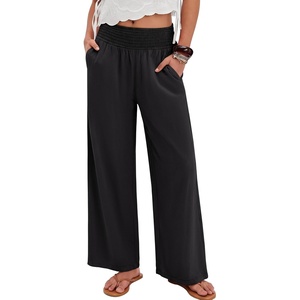 image:imageANRABESS Womens Wide Leg Palazzo Pants with Pockets  Smocked High Waisted Flowy Boho Pants Lightweight Soft Knit Lounge amp Casual Trousers for Beach Vacation Summer FallBlack