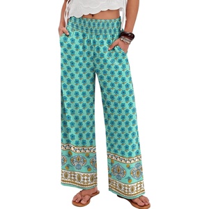 image:imageANRABESS Womens Wide Leg Palazzo Pants with Pockets  Smocked High Waisted Flowy Boho Pants Lightweight Soft Knit Lounge amp Casual Trousers for Beach Vacation Summer FallFloral Teal Spades