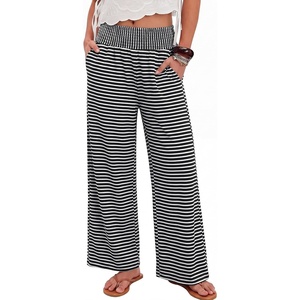 image:imageANRABESS Womens Wide Leg Palazzo Pants with Pockets  Smocked High Waisted Flowy Boho Pants Lightweight Soft Knit Lounge amp Casual Trousers for Beach Vacation Summer FallStriped Black White