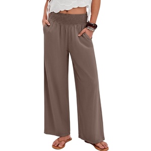 image:imageANRABESS Womens Wide Leg Palazzo Pants with Pockets  Smocked High Waisted Flowy Boho Pants Lightweight Soft Knit Lounge amp Casual Trousers for Beach Vacation Summer FallLight Brown