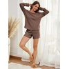 image:imageANRABESS Womens 2 Piece Lounge Pajama Sets Casual Ribbed Long Sleeve Top Matching Shorts Sleepwear PJ Set 2026 Fall OutfitsBrown