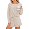 image:imageANRABESS Womens 2 Piece Lounge Pajama Sets Casual Ribbed Long Sleeve Top Matching Shorts Sleepwear PJ Set 2026 Fall OutfitsLight Khaki
