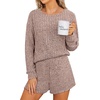 image:imageANRABESS Womens 2 Piece Lounge Pajama Sets Casual Ribbed Long Sleeve Top Matching Shorts Sleepwear PJ Set 2026 Fall OutfitsTan