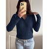 image:imageANRABESS Womens Cable Knit Sweaters Long Sleeve Cropped  V Neck Collared Pullover Sweater Top Polo Knit Shirt Business Casual Work Clothes Daily Wear Fashion Fall Winter OutfitsNavy Blue