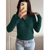 image:imageANRABESS Womens Cable Knit Sweaters Long Sleeve Cropped  V Neck Collared Pullover Sweater Top Polo Knit Shirt Business Casual Work Clothes Daily Wear Fashion Fall Winter OutfitsDark Green