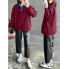 image:imageANRABESS Womens Quarter Button Long Sleeve Polo Sweatshirts  Denim Collared Henley Hoodies Shirt Cozy Fleece Pullover Top Loose Fit Casual Fall Outfit Winter Teen Preppy ClothesWine Red