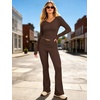 image:imageANRABESS Womens V Neck 2 Piece Lounge Matching Sets  Long Sleeve Ruched Top with High Waist Flared Pants Stretchy Breathable Yoga Workout Casual Outfits Fall Winter ClothingDark Brown