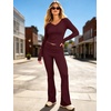 image:imageANRABESS Womens V Neck 2 Piece Lounge Matching Sets  Long Sleeve Ruched Top with High Waist Flared Pants Stretchy Breathable Yoga Workout Casual Outfits Fall Winter ClothingDeep Red