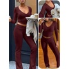 image:imageANRABESS Womens V Neck 2 Piece Lounge Matching Sets  Long Sleeve Ruched Top with High Waist Flared Pants Stretchy Breathable Yoga Workout Casual Outfits Fall Winter ClothingDeep Red