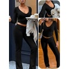 image:imageANRABESS Womens V Neck 2 Piece Lounge Matching Sets  Long Sleeve Ruched Top with High Waist Flared Pants Stretchy Breathable Yoga Workout Casual Outfits Fall Winter ClothingBlack