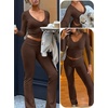 image:imageANRABESS Womens V Neck 2 Piece Lounge Matching Sets  Long Sleeve Ruched Top with High Waist Flared Pants Stretchy Breathable Yoga Workout Casual Outfits Fall Winter ClothingDark Brown