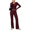 image:imageANRABESS Womens V Neck 2 Piece Lounge Matching Sets  Long Sleeve Ruched Top with High Waist Flared Pants Stretchy Breathable Yoga Workout Casual Outfits Fall Winter ClothingDeep Red