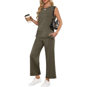 image:imageANRABESS 2 Piece Sets for Women Summer Outfits Travel Airport Vacation Clothing Tank Top Wide Leg Pants Matching Lounge SetsArmy Green