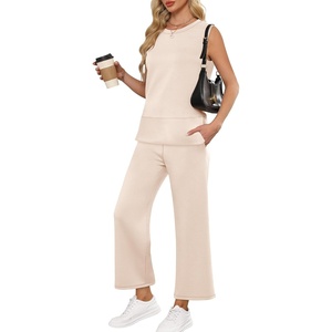 image:imageANRABESS 2 Piece Sets for Women Summer Outfits Travel Airport Vacation Clothing Tank Top Wide Leg Pants Matching Lounge SetsBeige