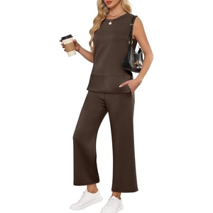 image:imageANRABESS 2 Piece Sets for Women Summer Outfits Travel Airport Vacation Clothing Tank Top Wide Leg Pants Matching Lounge SetsCoffee