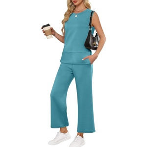 image:imageANRABESS 2 Piece Sets for Women Summer Outfits Travel Airport Vacation Clothing Tank Top Wide Leg Pants Matching Lounge SetsLake
