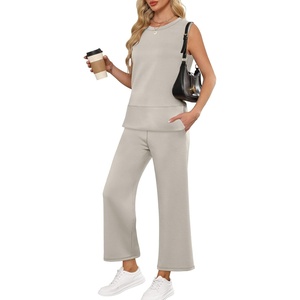 image:imageANRABESS 2 Piece Sets for Women Summer Outfits Travel Airport Vacation Clothing Tank Top Wide Leg Pants Matching Lounge SetsLight Beige