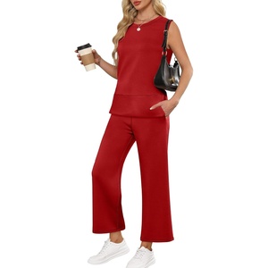 image:imageANRABESS 2 Piece Sets for Women Summer Outfits Travel Airport Vacation Clothing Tank Top Wide Leg Pants Matching Lounge SetsRed