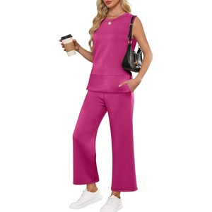 image:imageANRABESS 2 Piece Sets for Women Summer Outfits Travel Airport Vacation Clothing Tank Top Wide Leg Pants Matching Lounge SetsRose Red