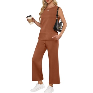 image:imageANRABESS 2 Piece Sets for Women Summer Outfits Travel Airport Vacation Clothing Tank Top Wide Leg Pants Matching Lounge SetsRust