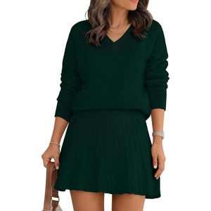 image:imageANRABESS 2 Piece Skirt Sets for Women Sweaters Set  Long Sleeve V Neck Pullover Sweaters Pleated Mini Skirt Fall Winter TrendyComfy CuteLounge Casual Travel Going OutDark Green