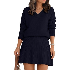 image:imageANRABESS 2 Piece Skirt Sets for Women Sweaters Set  Long Sleeve V Neck Pullover Sweaters Pleated Mini Skirt Fall Winter TrendyComfy CuteLounge Casual Travel Going OutNavy Blue