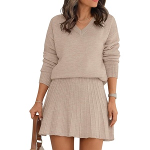 image:imageANRABESS 2 Piece Skirt Sets for Women Sweaters Set  Long Sleeve V Neck Pullover Sweaters Pleated Mini Skirt Fall Winter TrendyComfy CuteLounge Casual Travel Going OutAlmond