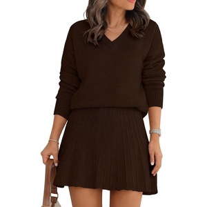 image:imageANRABESS 2 Piece Skirt Sets for Women Sweaters Set  Long Sleeve V Neck Pullover Sweaters Pleated Mini Skirt Fall Winter TrendyComfy CuteLounge Casual Travel Going OutCoffee